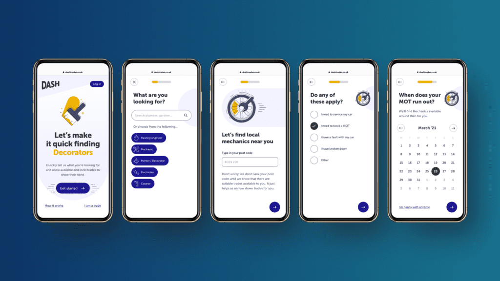 Five smartphone screens showcasing the user interface flow for the DASH trades booking platform.
